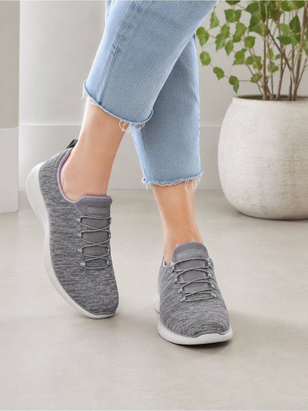 Skechers Women's Gray Knit Slip-On Athletic Sneakers with Lilac Trim